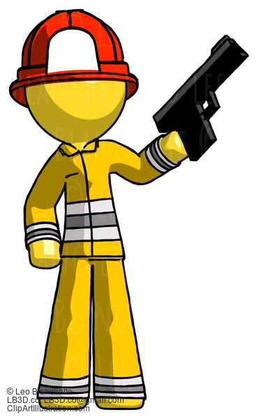 Yellow Firefighter Fireman Man Holding Handgun #14341