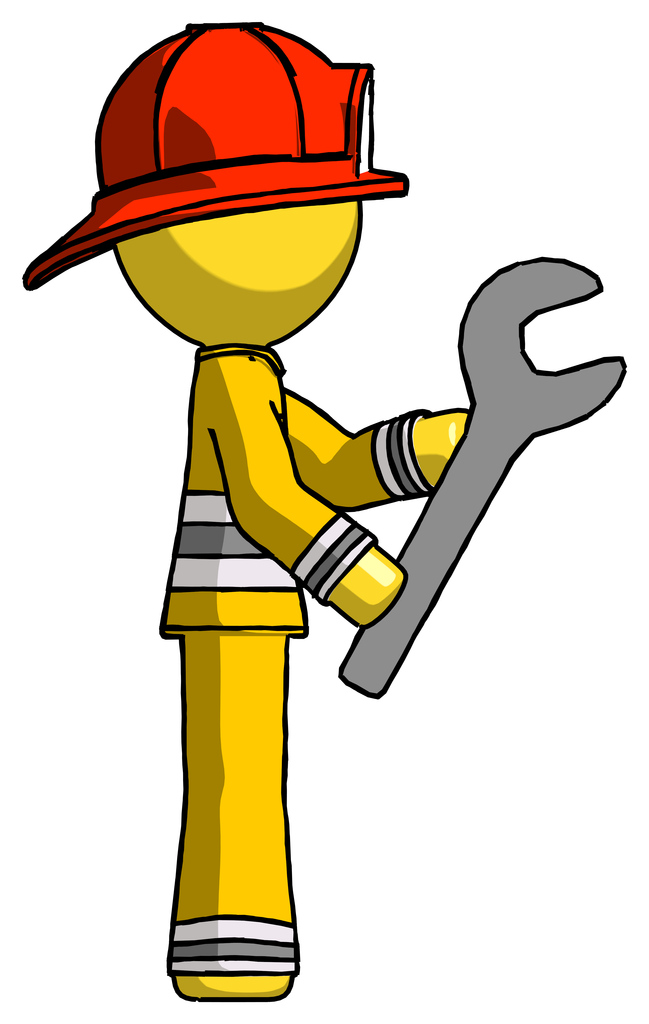 Yellow Firefighter Fireman Man Using Wrench Adjusting Something To Right