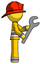 Yellow Firefighter Fireman Man Using Wrench Adjusting Something To Right