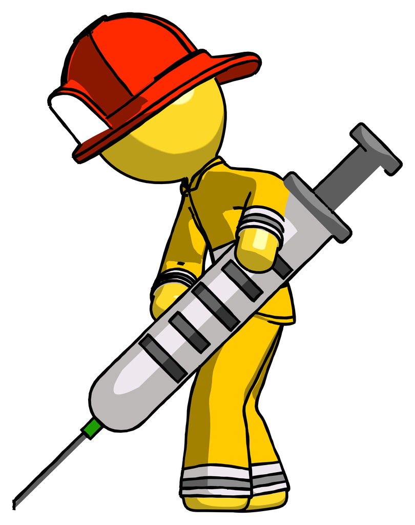 Yellow Firefighter Fireman Man Using Syringe Giving Injection