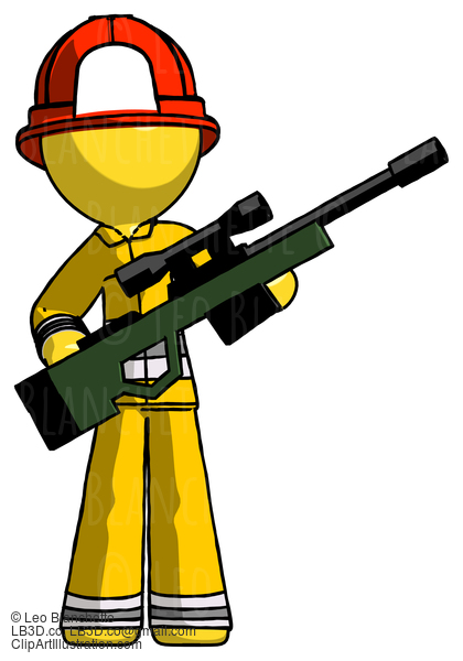 Yellow Firefighter Fireman Man Holding Sniper Rifle Gun #14347