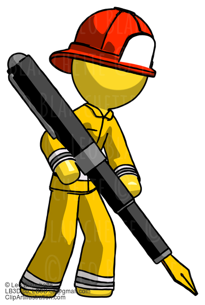 Yellow Firefighter Fireman Man Drawing Or Writing With Large Calligraphy Pen #14348