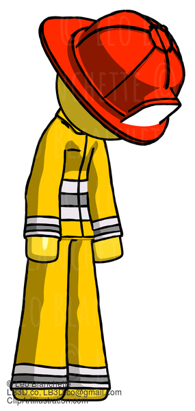 Yellow Firefighter Fireman Man Depressed With Head Down Turned Right #14351