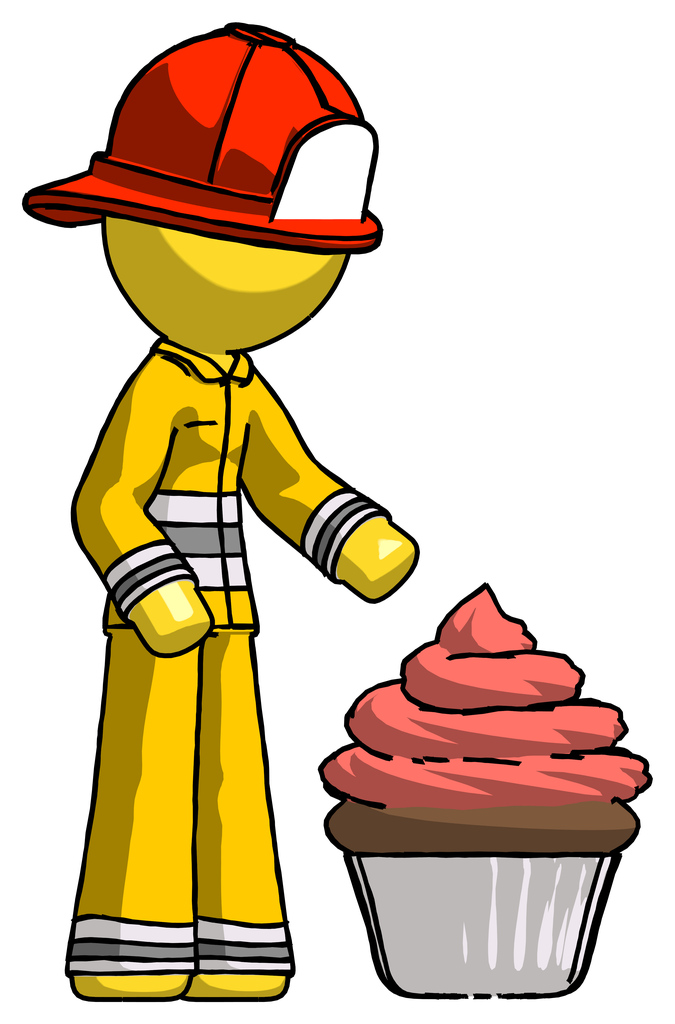 Yellow Firefighter Fireman Man with giant cupcake dessert