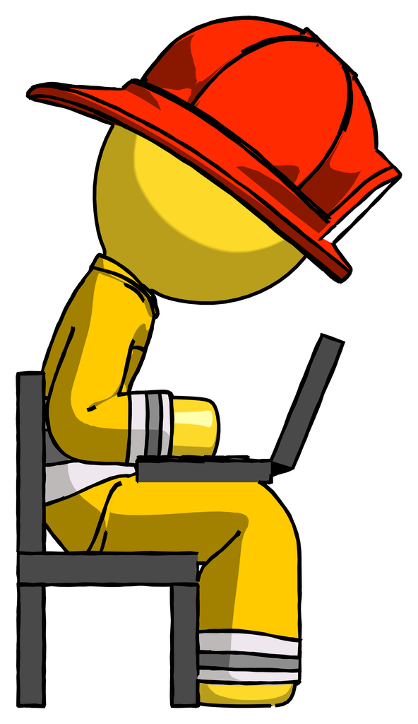 Yellow Firefighter Fireman Man using laptop computer while sitting in chair view from side