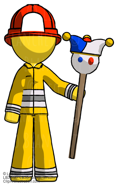 Yellow Firefighter Fireman Man Holding Jester Staff #14354