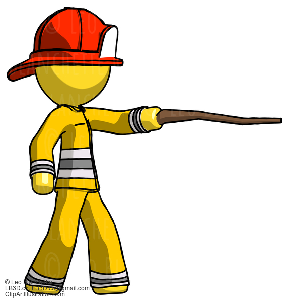 Yellow Firefighter Fireman Man Pointing With Hiking Stick #14355