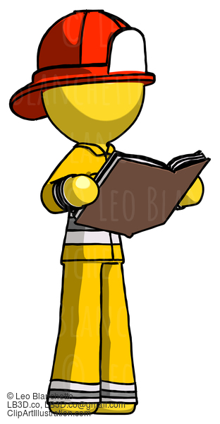 Yellow Firefighter Fireman Man Reading Book While Standing Up Facing Away #14359