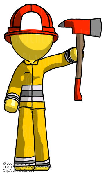 Yellow Firefighter Fireman Man Holding Up Red Firefighter’S Ax #14362