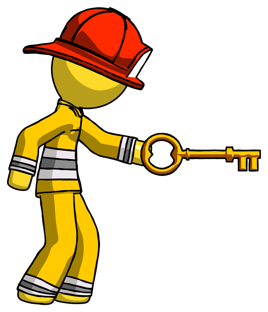 Yellow Firefighter Fireman Man with big key of gold opening something