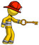 Yellow Firefighter Fireman Man with big key of gold opening something