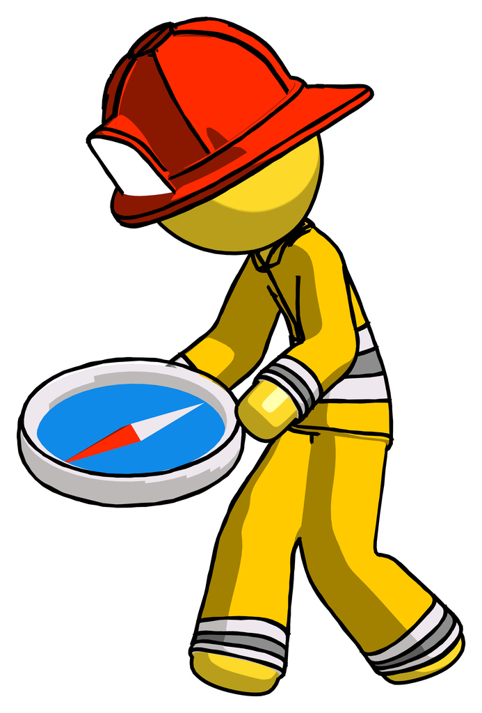 Yellow Firefighter Fireman Man walking with large compass