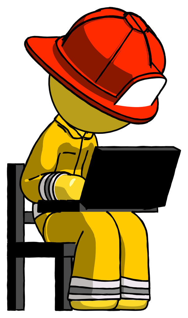 Yellow Firefighter Fireman Man using laptop computer while sitting in chair angled right