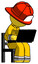 Yellow Firefighter Fireman Man using laptop computer while sitting in chair angled right