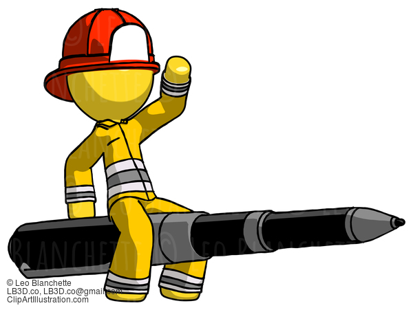 Yellow Firefighter Fireman Man Riding A Pen Like A Giant Rocket #14371