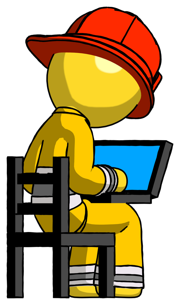 Yellow Firefighter Fireman Man using laptop computer while sitting in chair view from back
