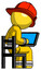 Yellow Firefighter Fireman Man using laptop computer while sitting in chair view from back