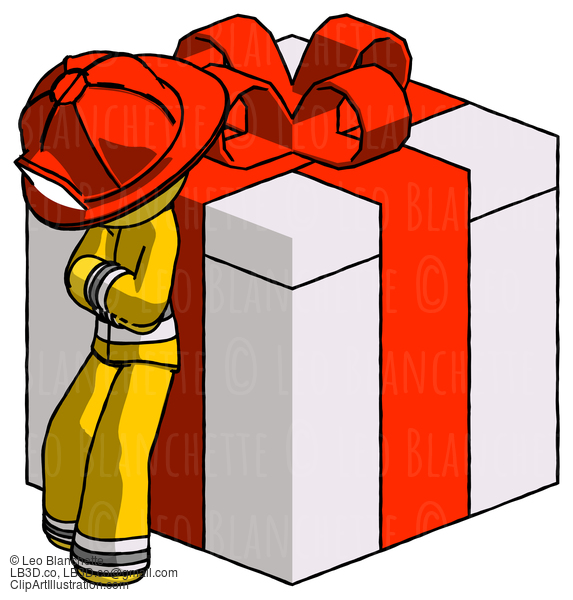 Yellow Firefighter Fireman Man Leaning On Gift With Red Bow Angle View #14377