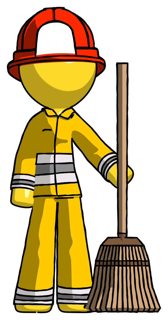 Yellow Firefighter Fireman Man standing with broom cleaning services