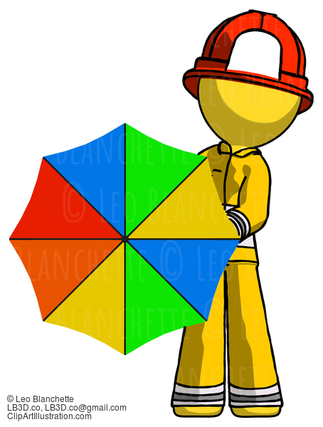 Yellow Firefighter Fireman Man Holding Rainbow Umbrella Out To Viewer #14379