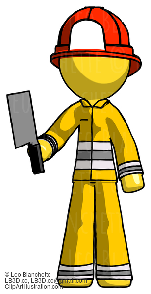 Yellow Firefighter Fireman Man Holding Meat Cleaver #14383