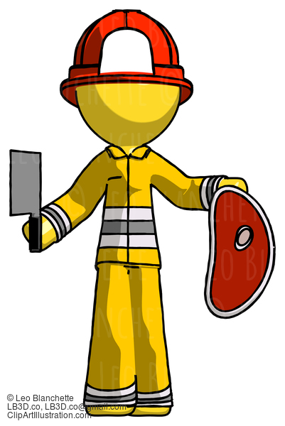 Yellow Firefighter Fireman Man Holding Large Steak With Butcher Knife #14387