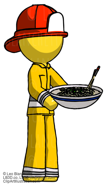 Yellow Firefighter Fireman Man Holding Noodles Offering To Viewer #14389