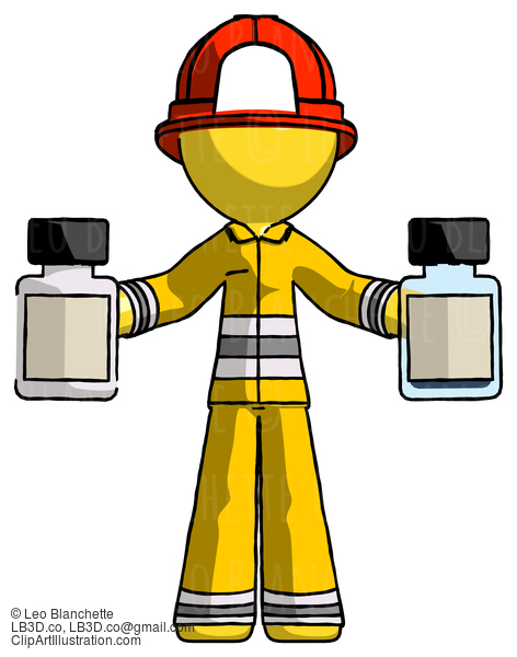 Yellow Firefighter Fireman Man Holding Two Medicine Bottles #14391