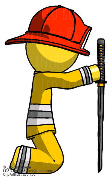 Yellow Firefighter Fireman Man Kneeling With Ninja Sword Katana Showing Respect #14395