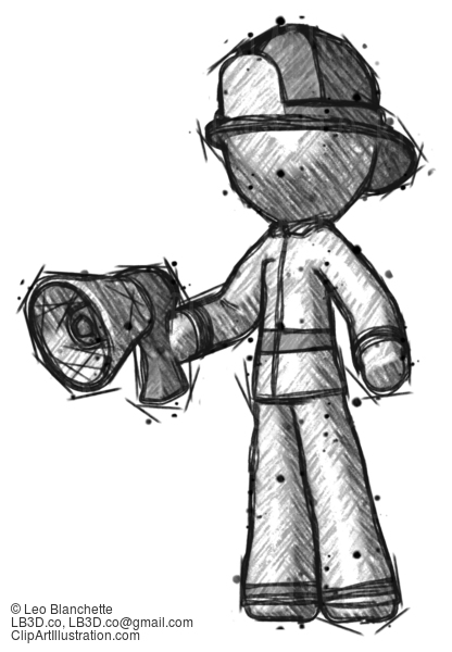 Sketch Firefighter Fireman Man Holding Megaphone Bullhorn Facing Right #7386