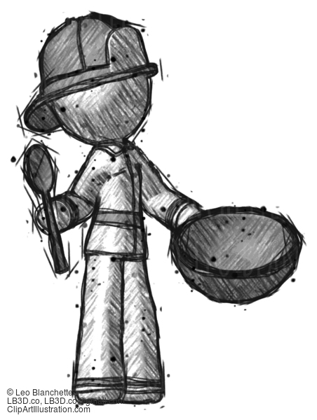 Sketch Firefighter Fireman Man With Empty Bowl And Spoon Ready To Make Something #7388