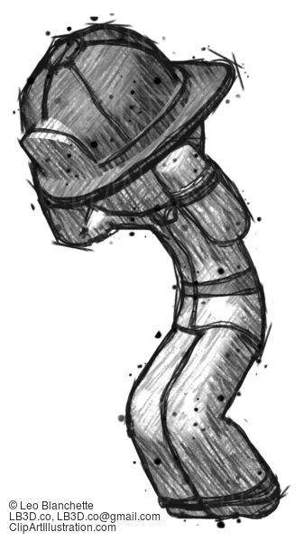 Sketch Firefighter Fireman Man With Headache Or Covering Ears Turned To His Left #7396