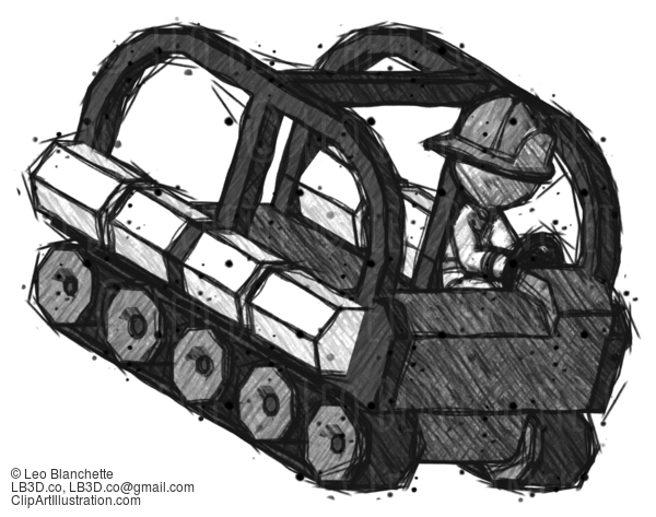 Sketch Firefighter Fireman Man Driving Amphibious Tracked Vehicle Top Angle View #7400