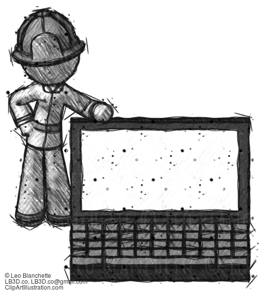 Sketch Firefighter Fireman Man Beside Large Laptop Computer, Leaning Against It #7401