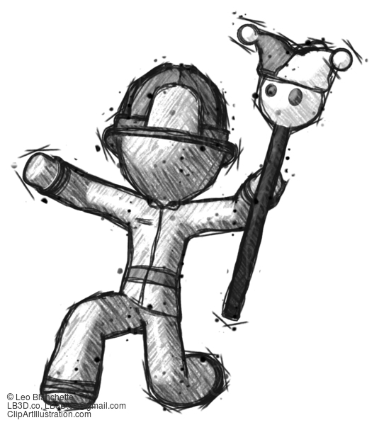 Sketch Firefighter Fireman Man Holding Jester Staff Posing Charismatically #7405