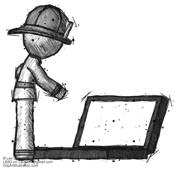 Sketch Firefighter Fireman Man Using Large Laptop Computer Side Orthographic View #7406