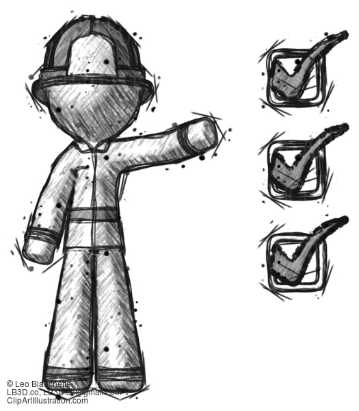 Sketch Firefighter Fireman Man Standing By List Of Checkmarks #7408