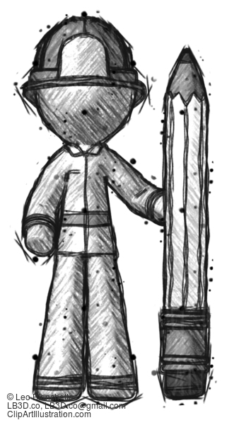 Sketch Firefighter Fireman Man With Large Pencil Standing Ready To Write #7413
