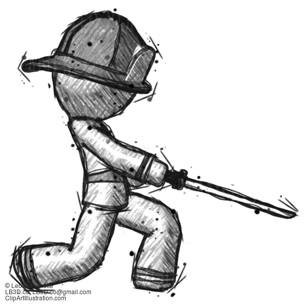 Sketch Firefighter Fireman Man With Ninja Sword Katana Slicing Or Striking Something #7414