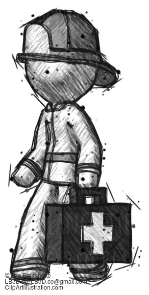 Sketch Firefighter Fireman Man Walking With Medical Aid Briefcase To Left #7417