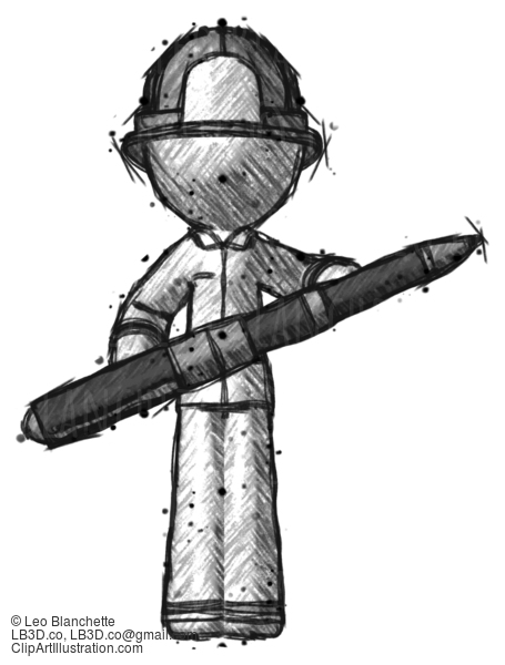 Sketch Firefighter Fireman Man Posing Confidently With Giant Pen #7423