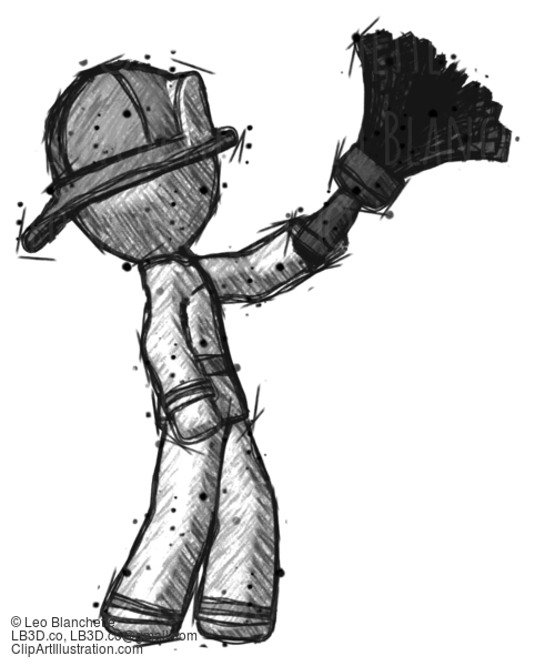 Sketch Firefighter Fireman Man Dusting With Feather Duster Upwards #7424