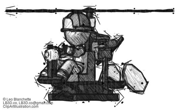 Sketch Firefighter Fireman Man Flying In Gyrocopter Front Side Angle View #7427