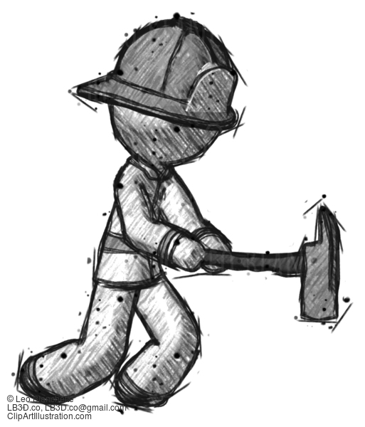 Sketch Firefighter Fireman Man With Ax Hitting, Striking, Or Chopping #7439