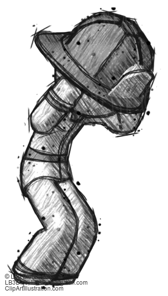 Sketch Firefighter Fireman Man With Headache Or Covering Ears Turned To His Right #7440
