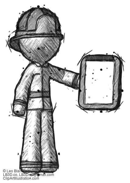Sketch Firefighter Fireman Man Showing Clipboard To Viewer #7448