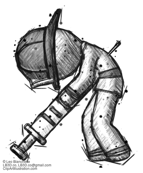 Sketch Firefighter Fireman Man Lethal Injection, Impaled On Syringe #7455