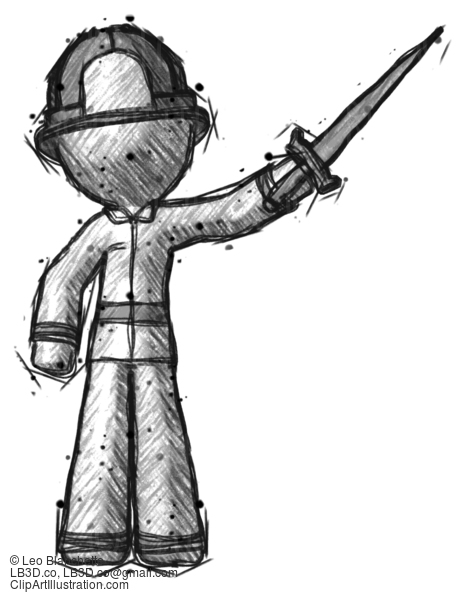 Sketch Firefighter Fireman Man Holding Sword In The Air Victoriously #7459