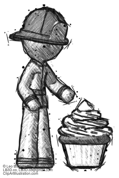 Sketch Firefighter Fireman Man With Giant Cupcake Dessert #7461