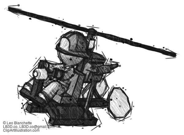 Sketch Firefighter Fireman Man Flying In Gyrocopter Front Side Angle Top View #7465